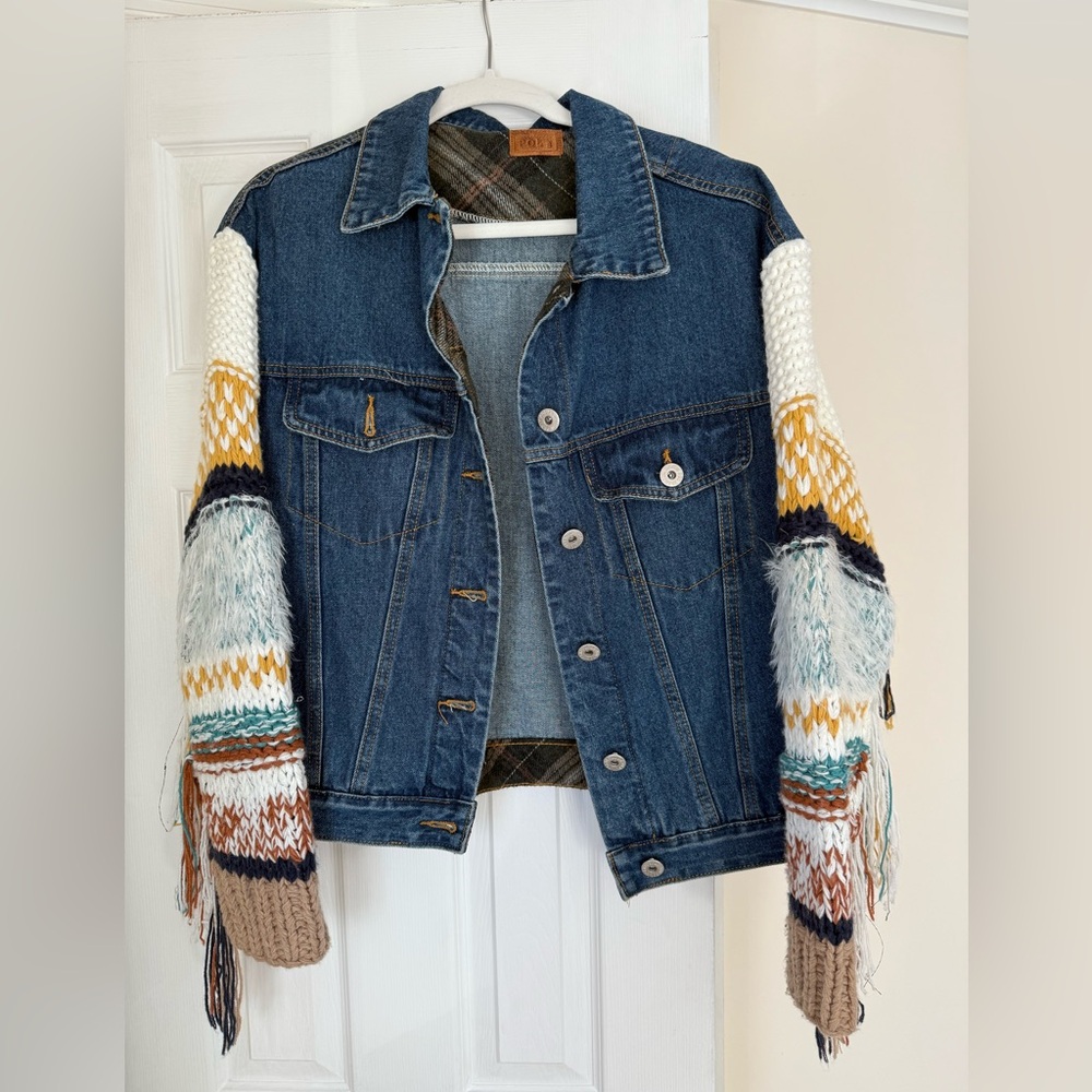 Vintage Blue Denim Jacket with Multicolor Knit Sleeves